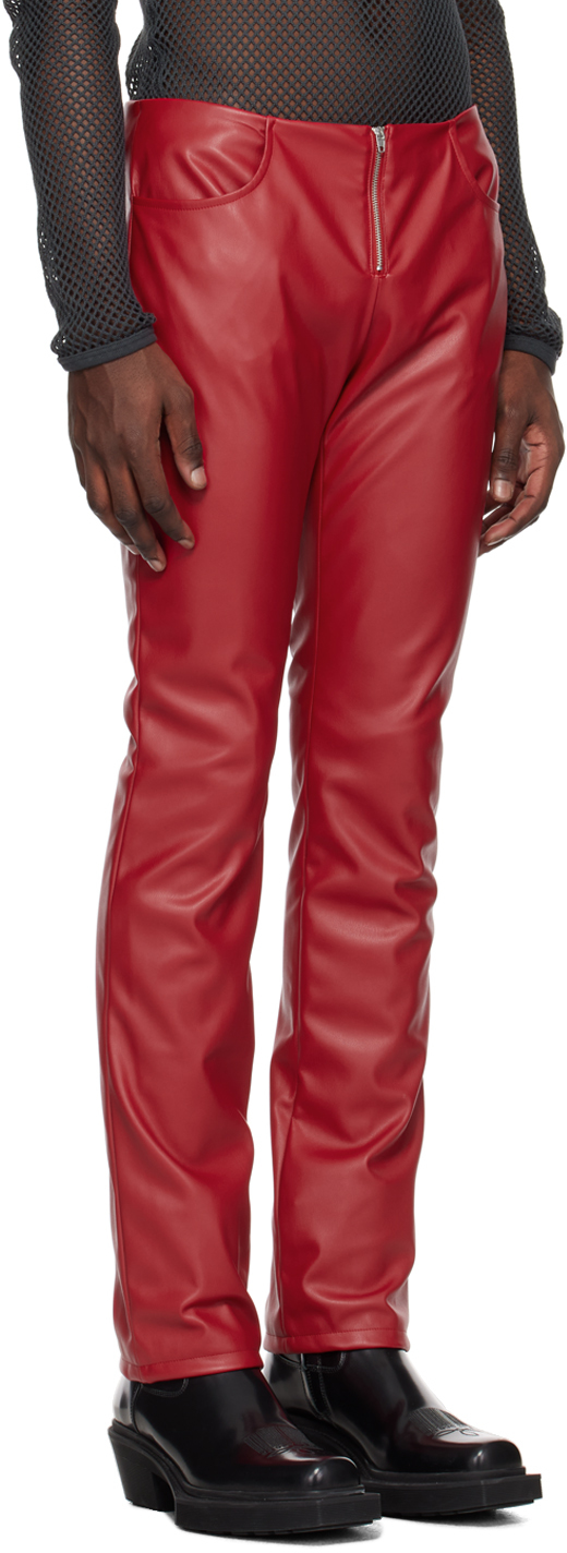 Red Straight Leg Leather Pants