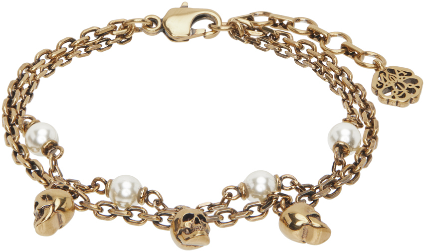 Alexander Mcqueen Pearl Skull Chain Bracelet In 2375 Antique Gold -