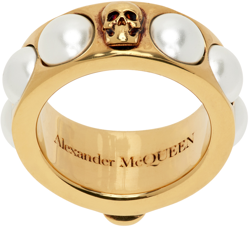 Alexander McQueen Gold Pearl Skull Ring