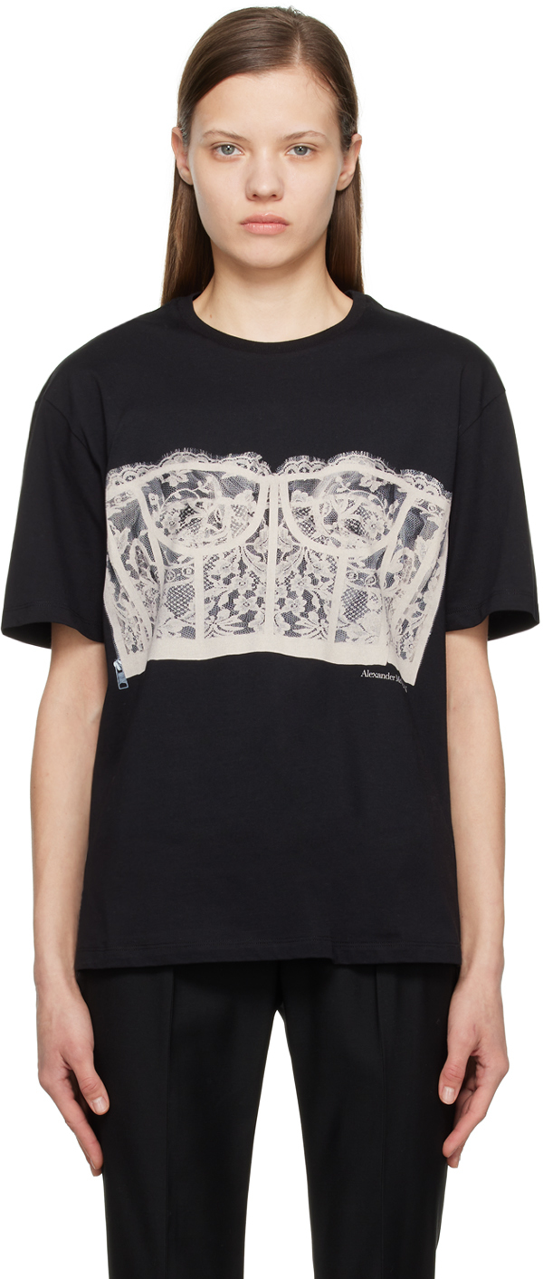 Alexander McQueen: Black Lace Corset T-Shirt | SSENSE Canada