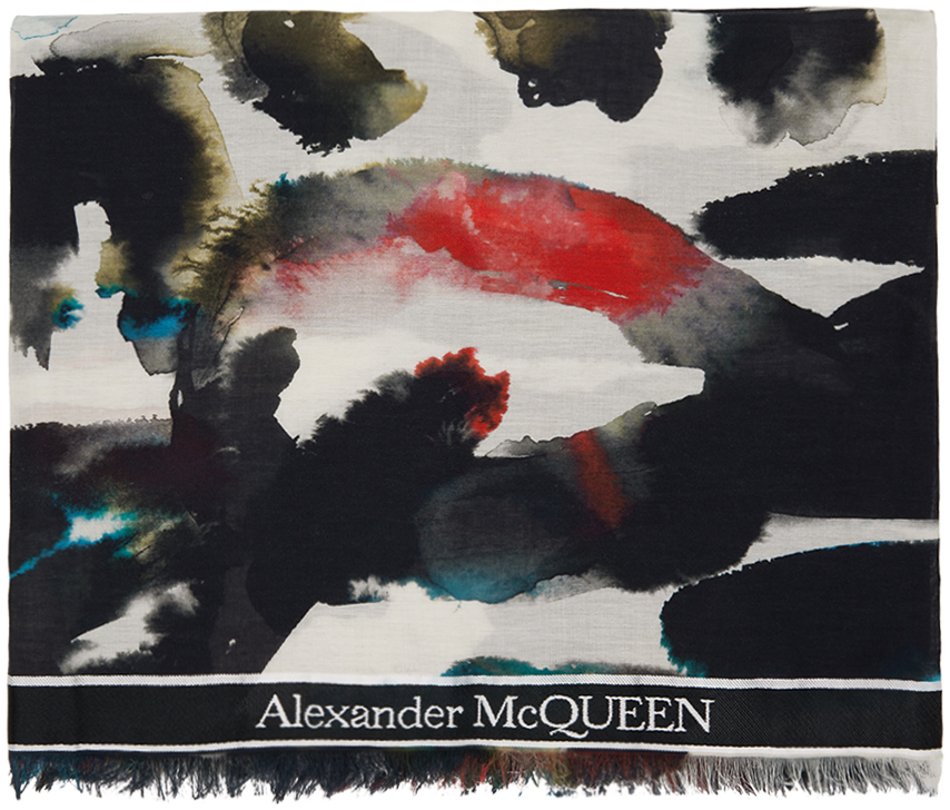 Alexander Mcqueen Multicolor Selvedge Tape Watercolor Graffiti Scarf In 9288 Ivory/multicolo