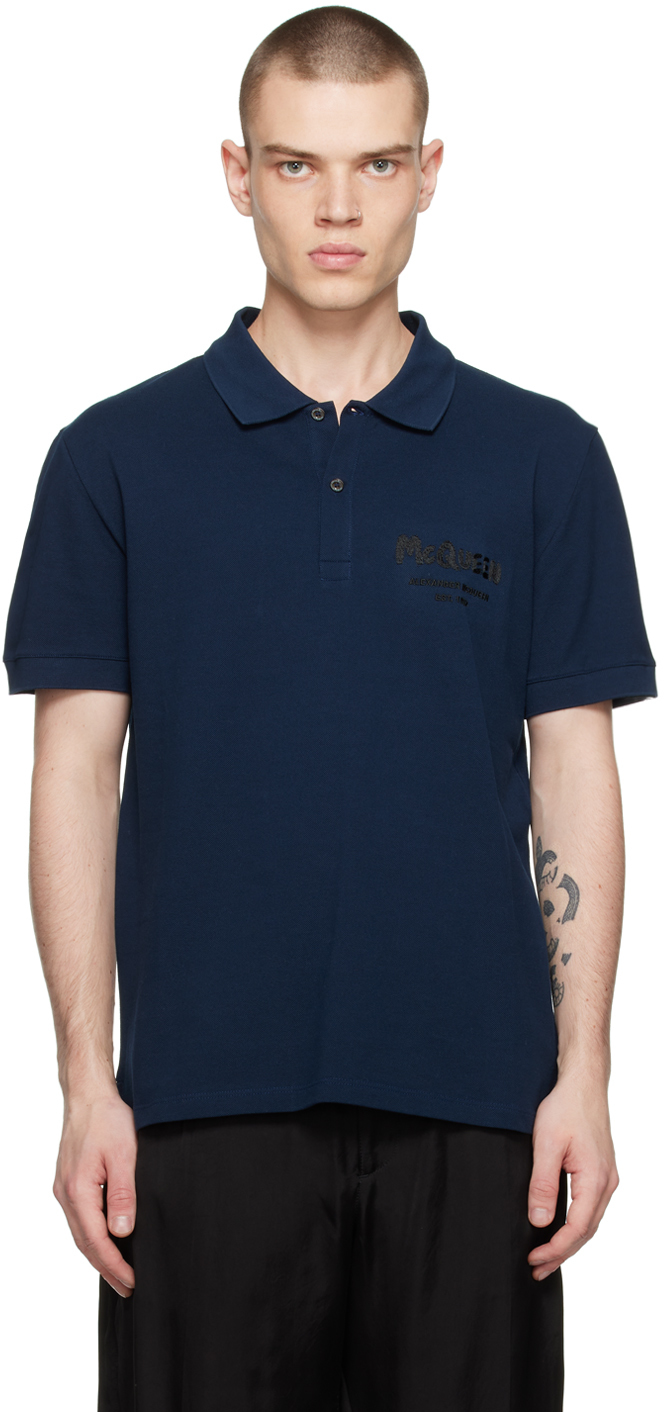 Navy Embroidered Polo by Alexander McQueen on Sale