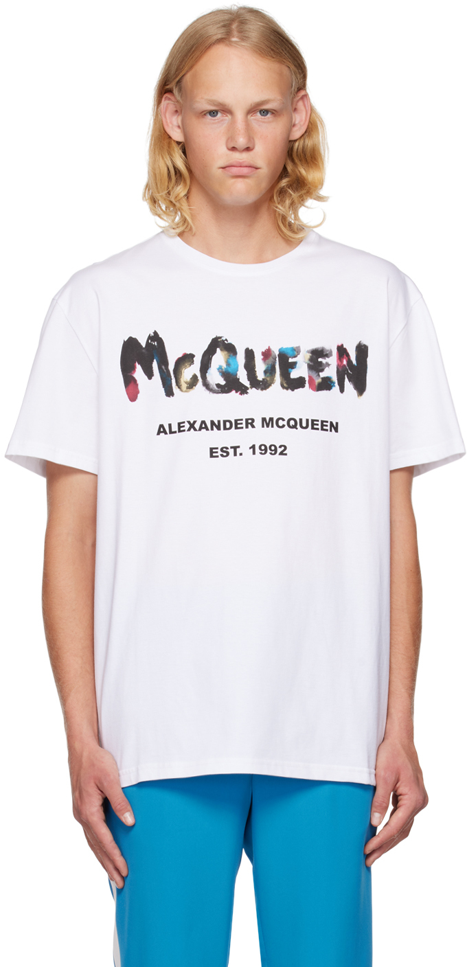 Alexander McQueenのホワイト ウォーターカラー グラフィティ Tシャツ