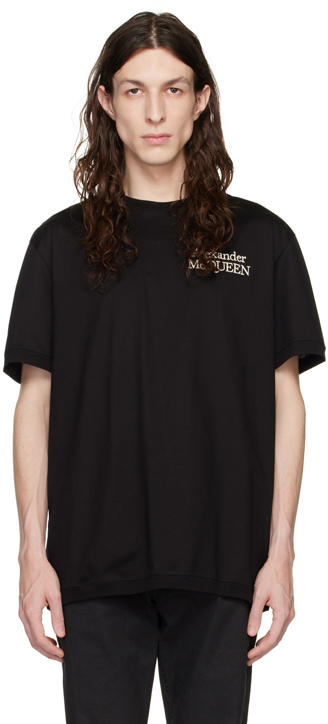 Shop Alexander Mcqueen Black Embroidered T-shirt In 1000 Black