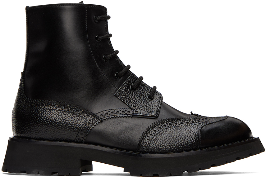 ALEXANDER MCQUEEN BLACK LEATHER LACE-UP BOOTS