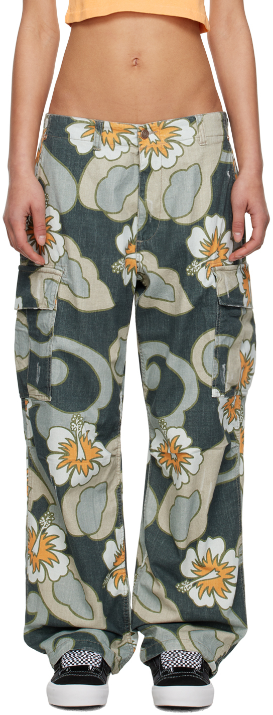 Erl Multicolor Printed Denim Trousers In  Grey Hibiscus 1