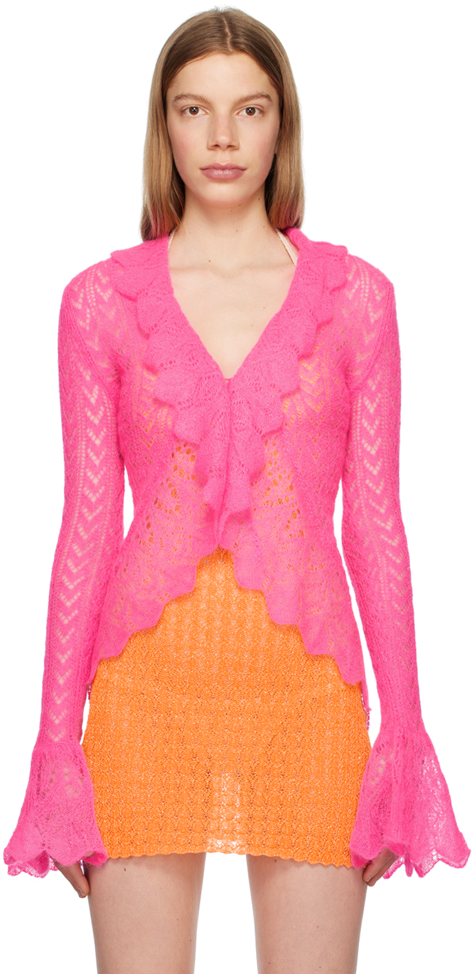 Shop Erl Pink Ruffled Cardigan In Pink 1