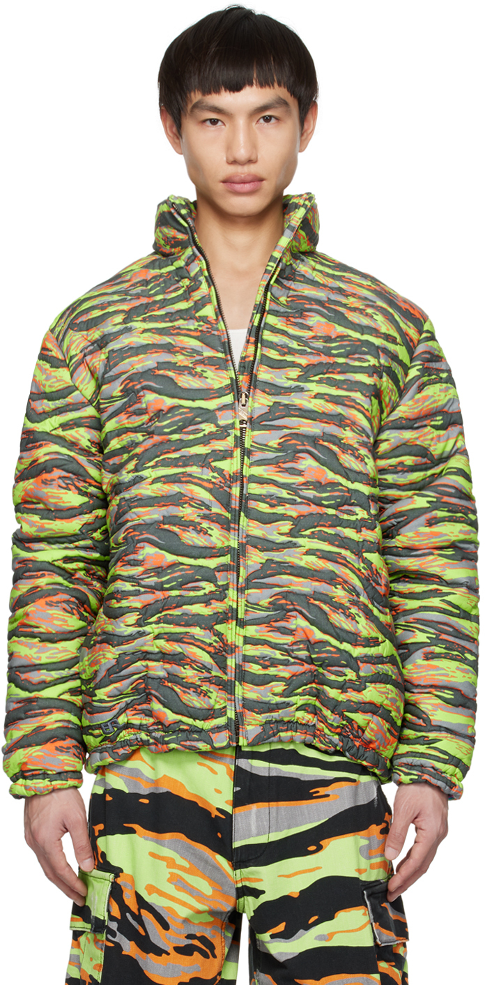 Shop Erl Green Camo Down Jacket In  Green Rave Camo