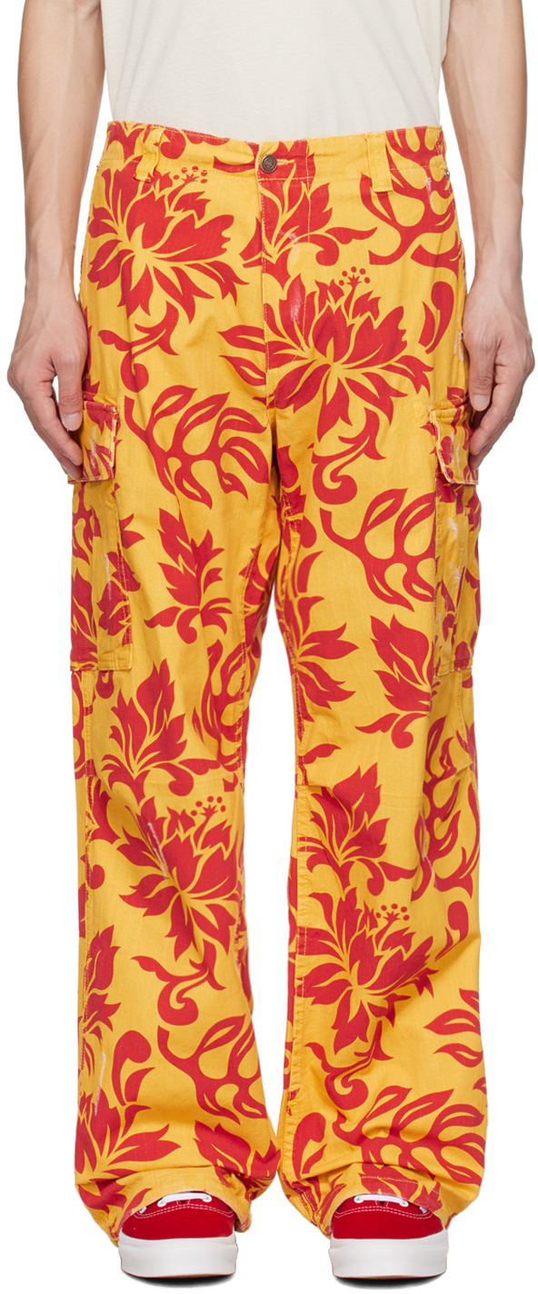 Shop Erl Yellow & Red Embroidered Cargo Pants In  Tropical Flowers
