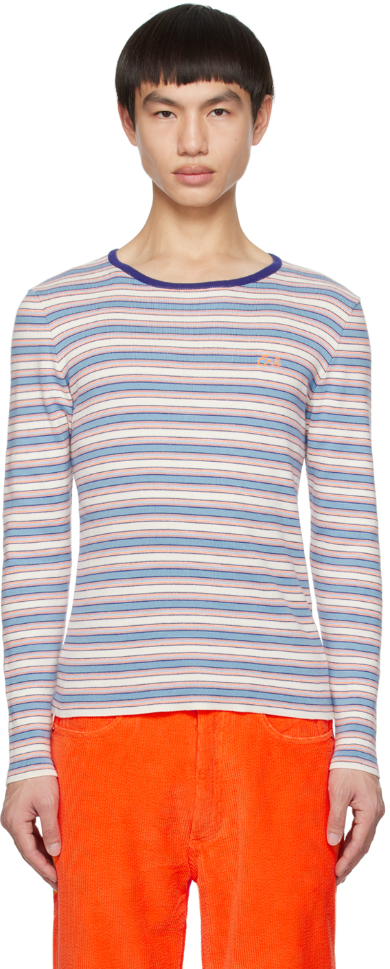 Erl Logo-embroidered Striped Knitted Sweater In Blue