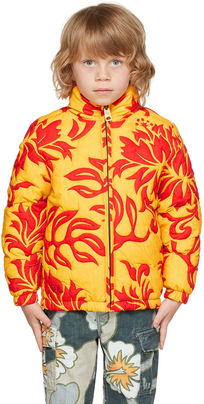 Shop Erl Kids Orange Quilted Jacket In  Tropical Flowers