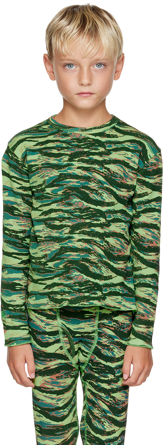Erl Kids Green Printed Long Sleeve T-shirt In  Green Rave Camo