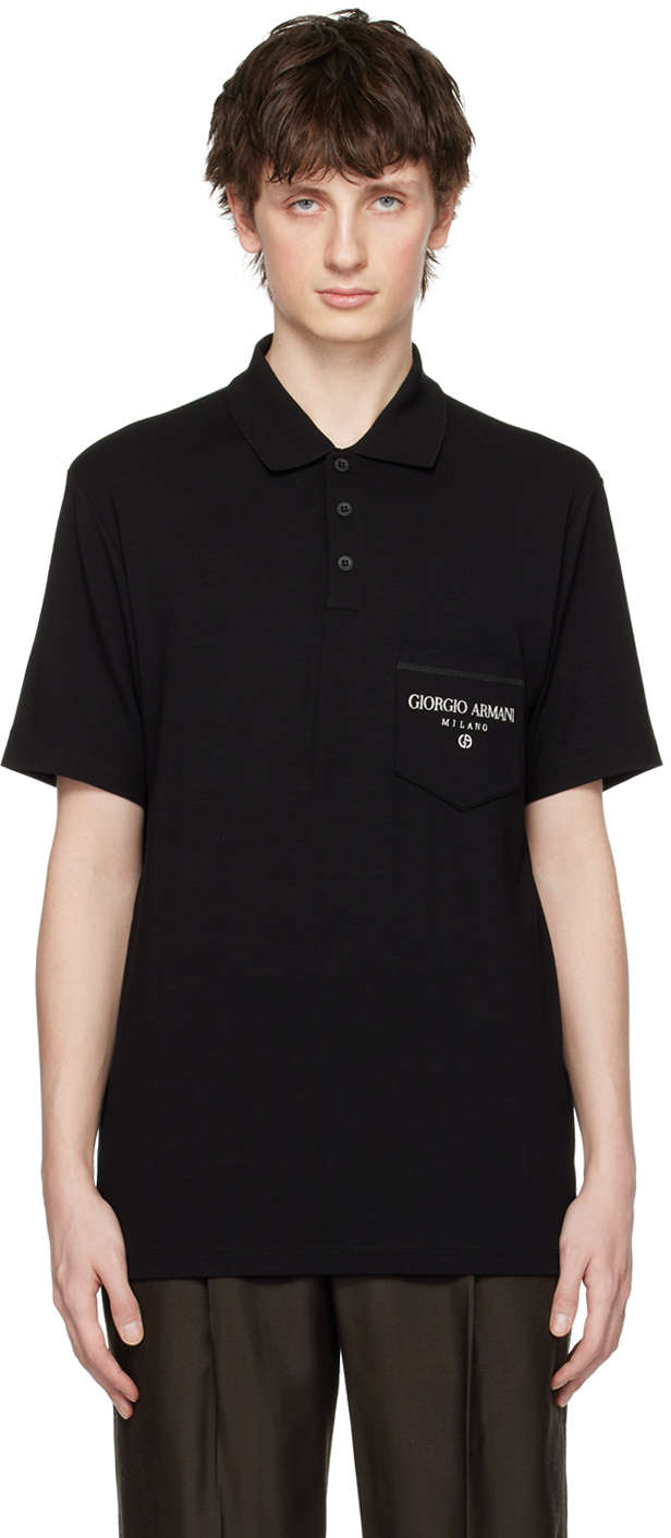 Giorgio Armani: Black Embroidered Polo | SSENSE