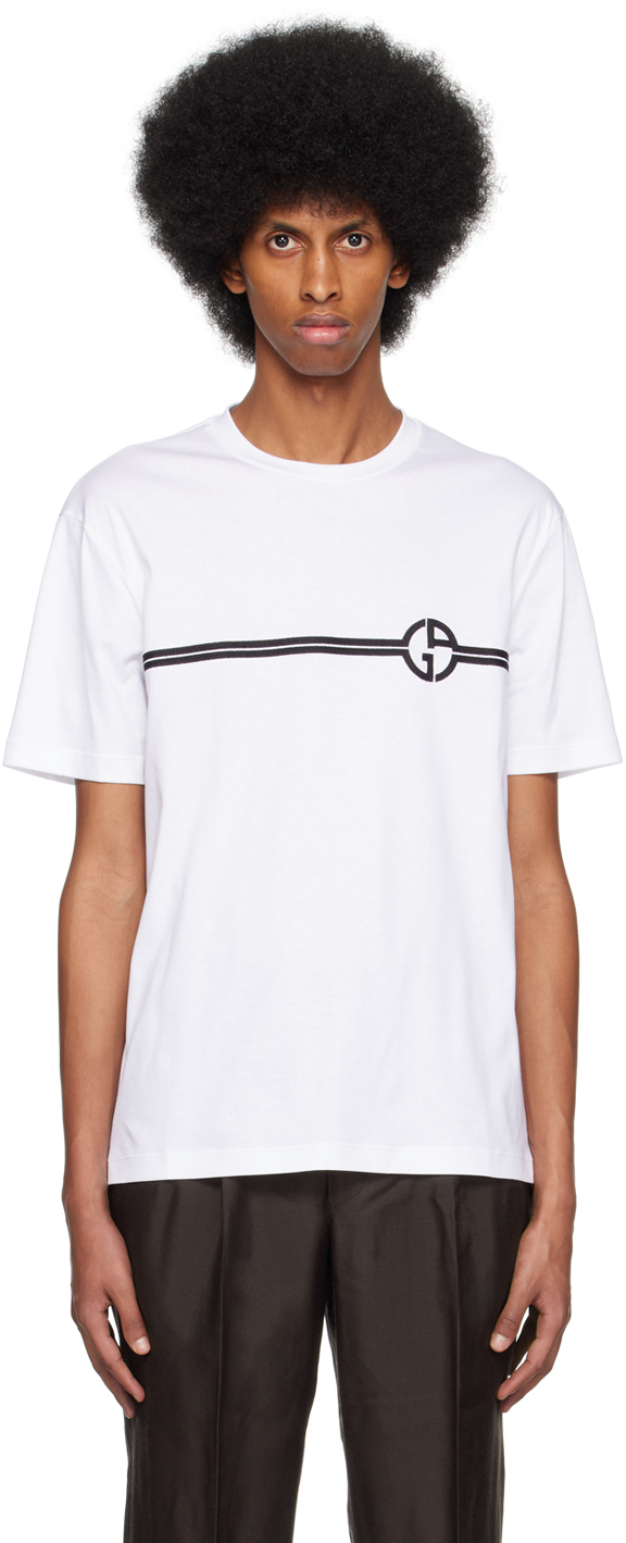 Giorgio Armani White Embroidered T-shirt In F090 Fantasia Bianco