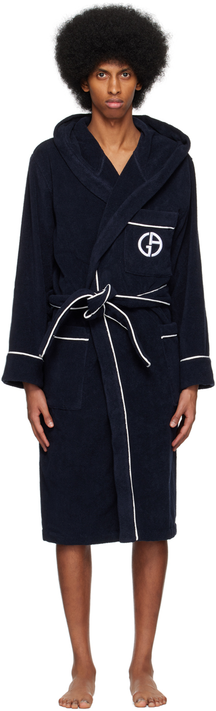 Giorgio Armani Embroidered-logo Long-sleeve Robe In Blue