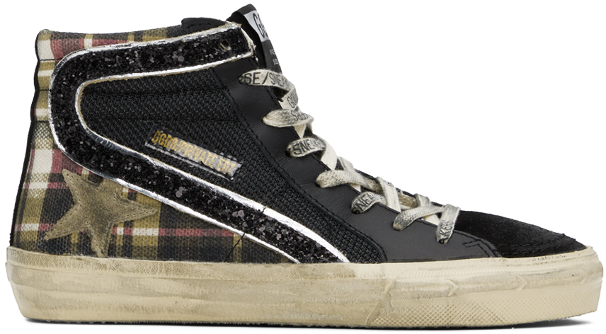 Golden Goose Ssense Exclusive Black Slide Sneakers In Tartan/black