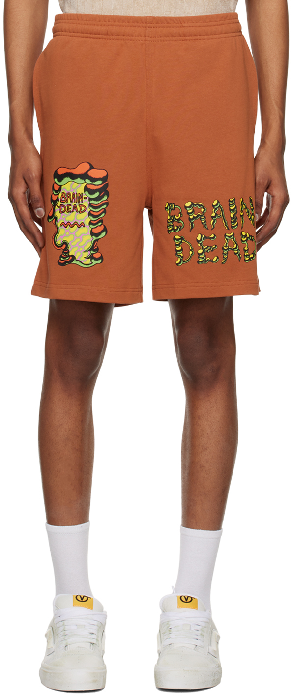 Brain Dead Orange Printed Shorts In Rust