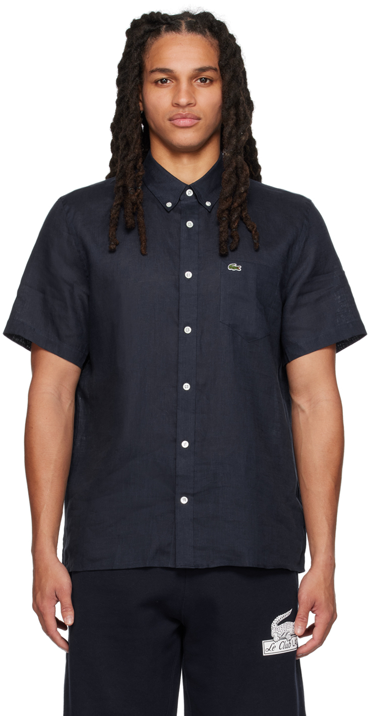 Lacoste Short Sleeve Linen Shirt - 15 - 38 In Blue