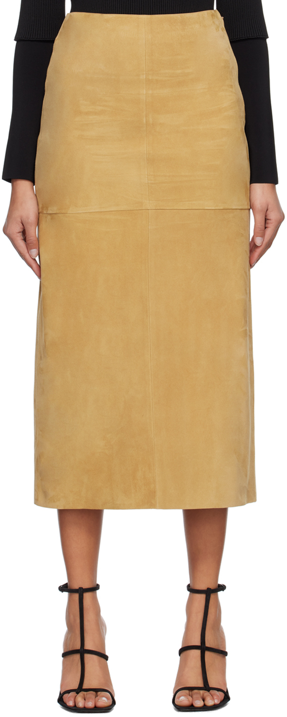 Ferragamo: Tan Paneled Midi Skirt | SSENSE