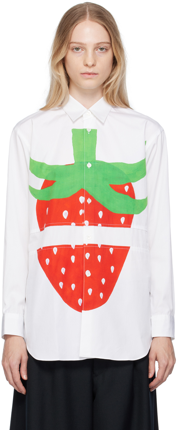 White Brett Westfall Edition Split Strawberry Print Shirt
