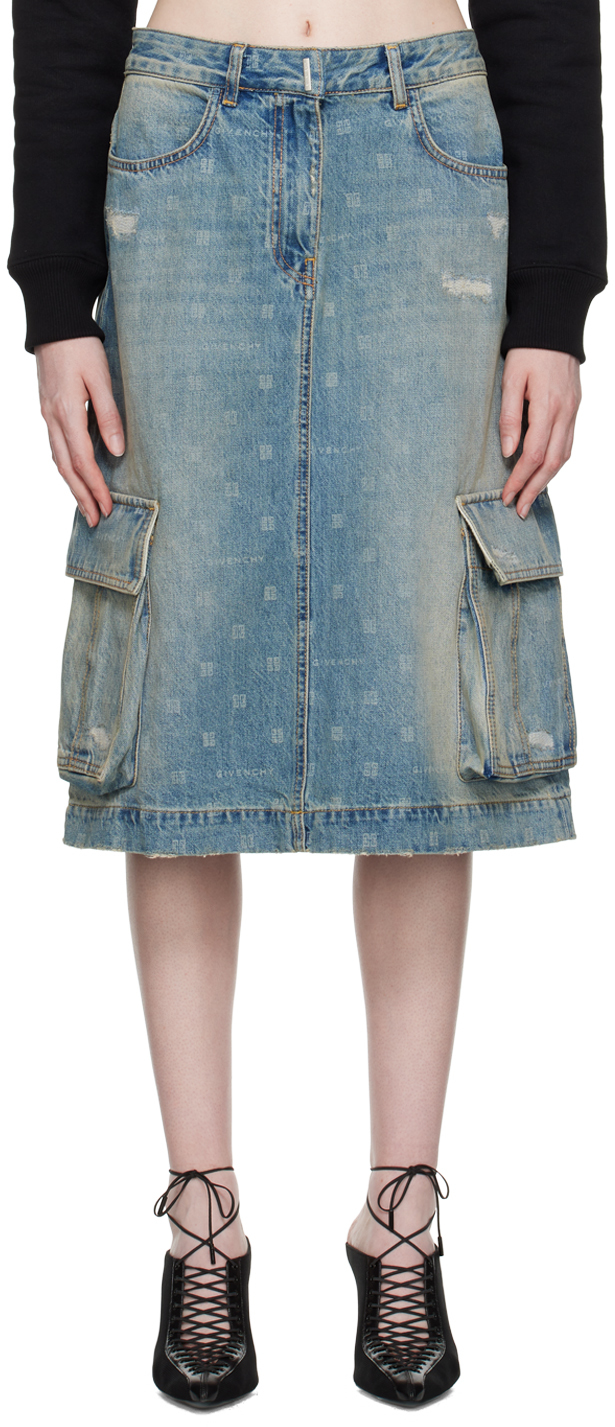 Shop Givenchy Blue 4g Denim Midi Skirt In 420-medium Blue