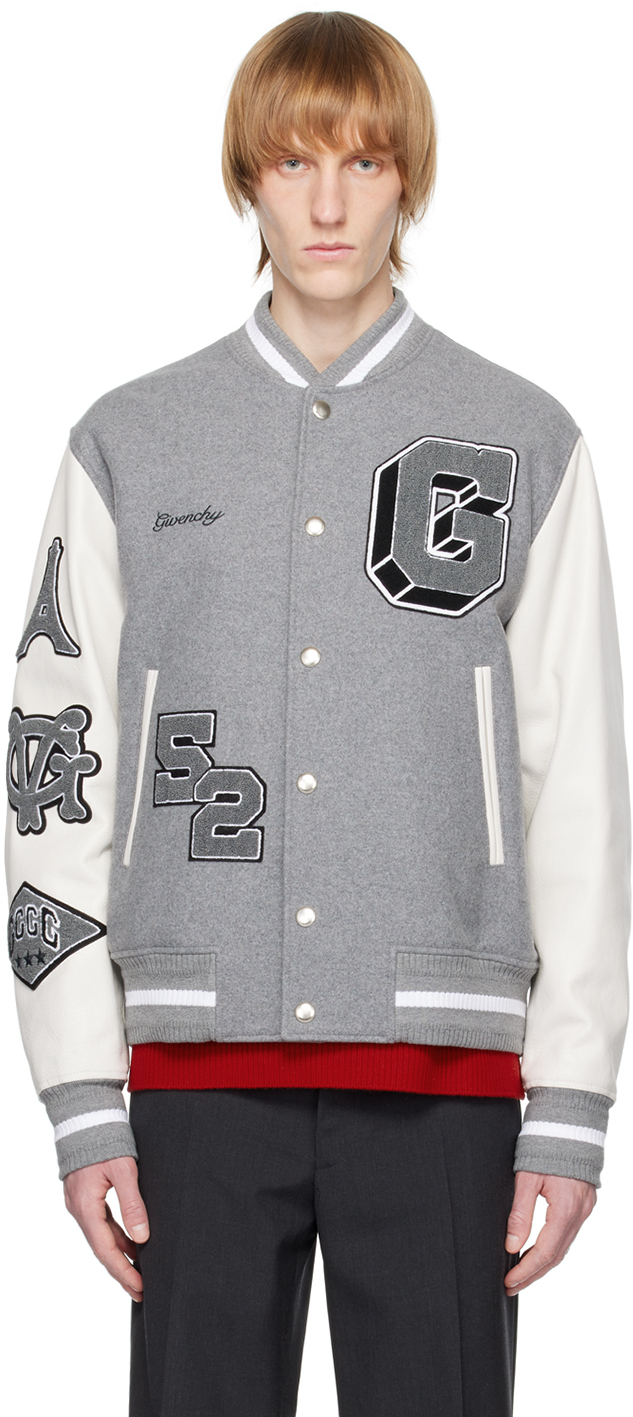 Givenchy: Gray & White Varsity Bomber Jacket | SSENSE