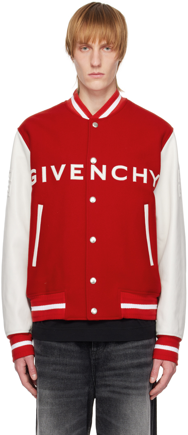 accu De lucht medaillewinnaar Givenchy: Red & White Varsity Bomber Jacket | SSENSE