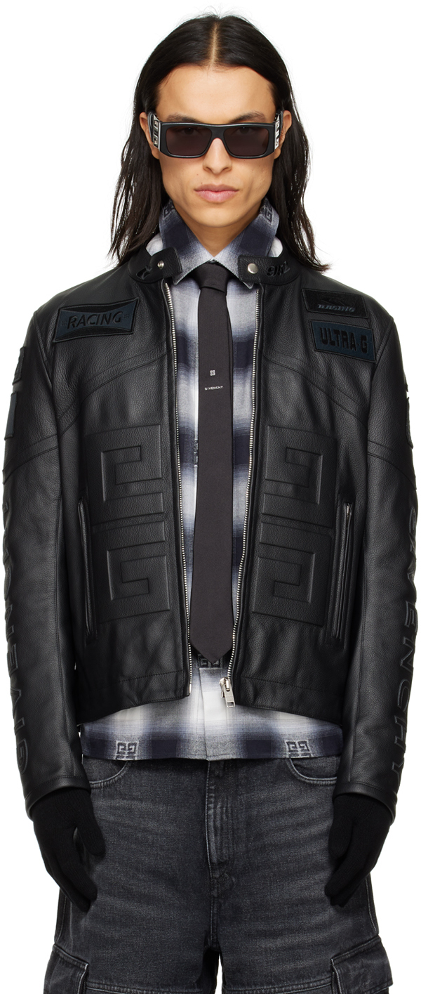 Black Embossed Leather Biker Jacket