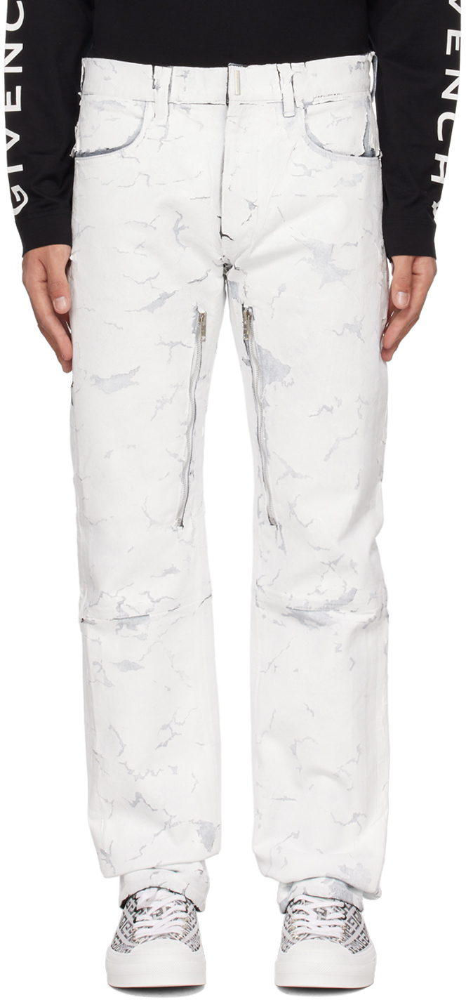 Givenchy White Crackled Zip Jeans In 100-white