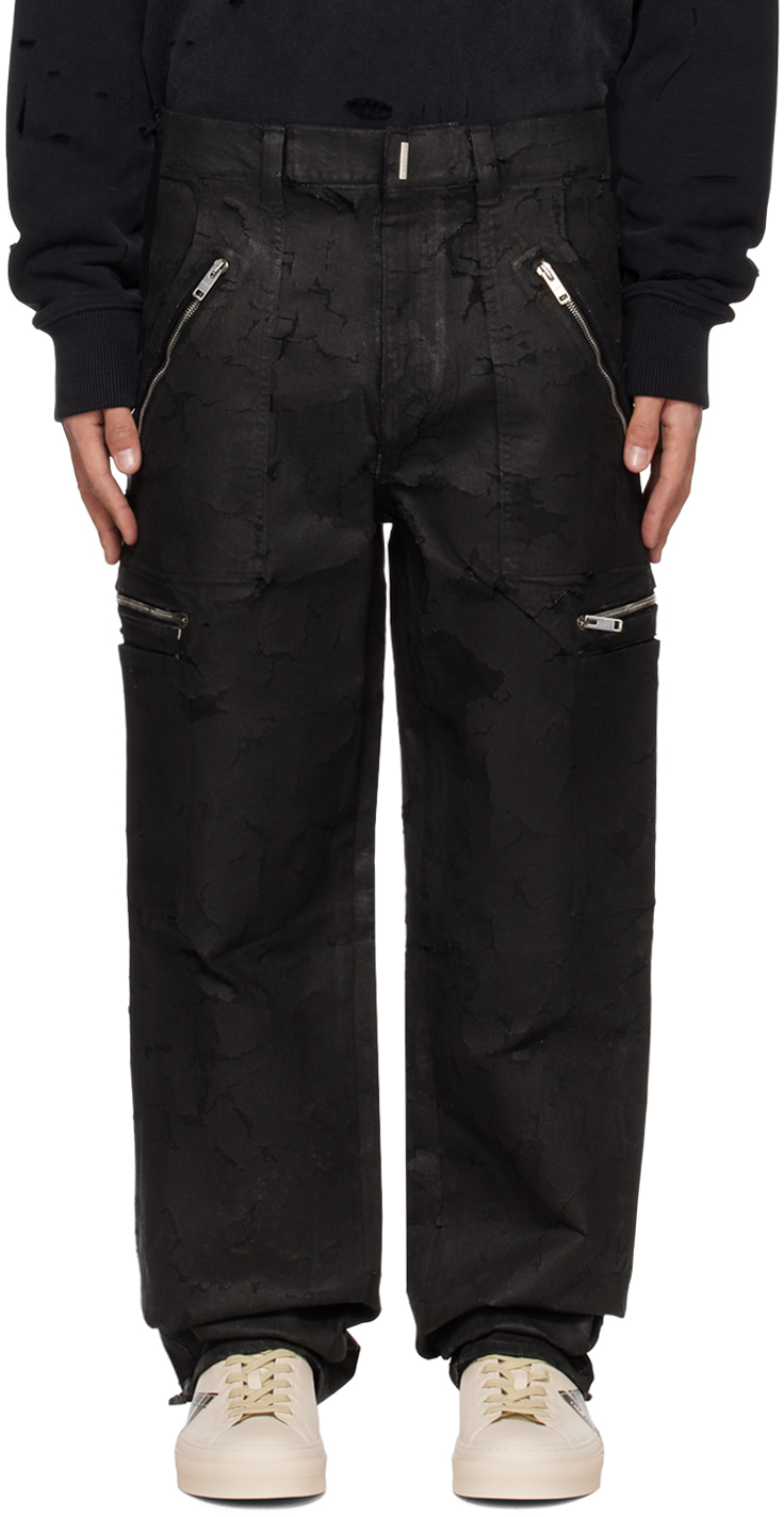 Givenchy Black Cracked Denim Cargo Pants In 001-black