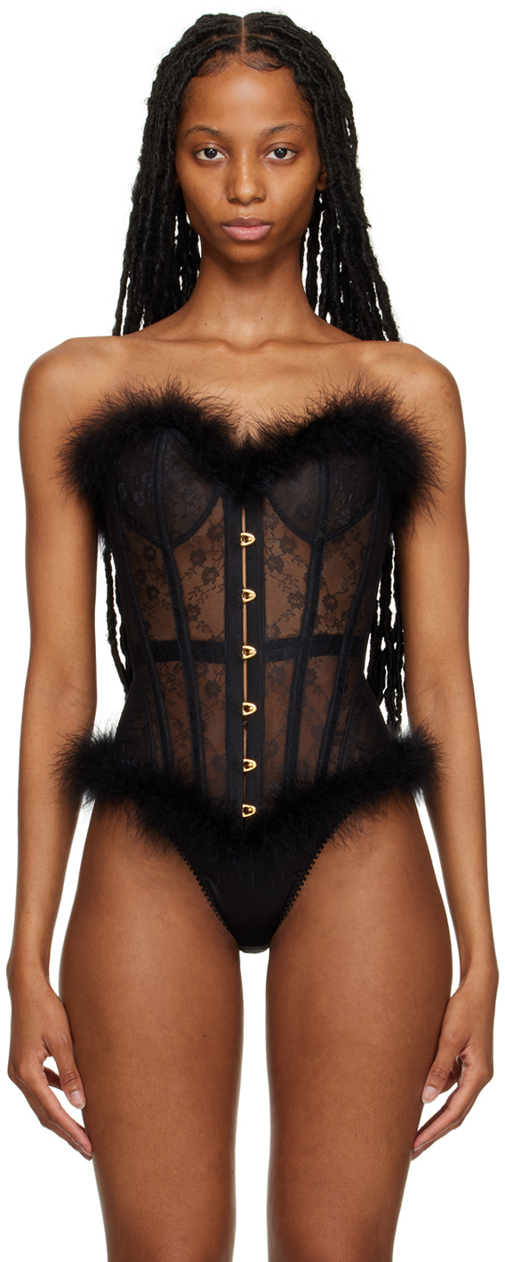 Agent Provocateur Perle Feather-trimmed Lace Corset In Black