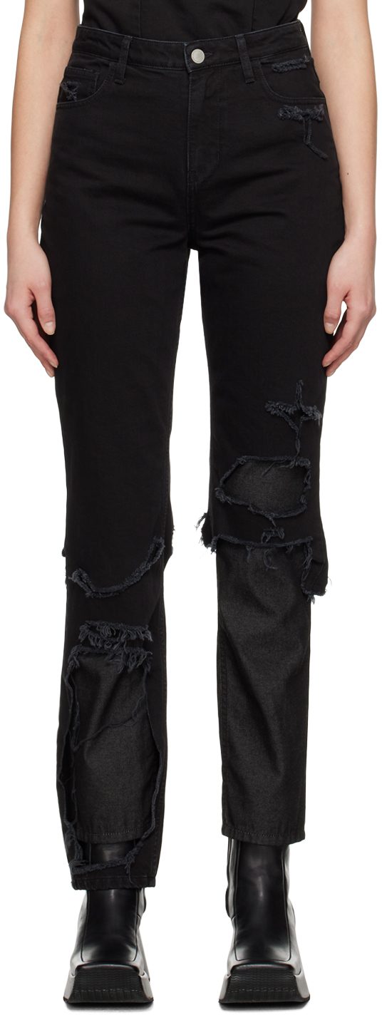 Raf Simons Black Double Destroyed Jeans In 9999 Black-black | ModeSens