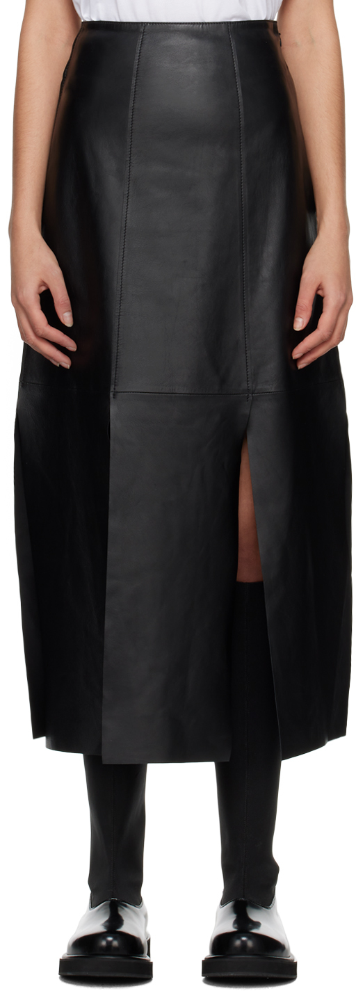 Shop By Malene Birger Black Lunes Leather Midi Skirt In 050 Black