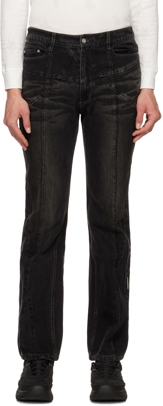 C2h4 Black Stagger Streamline Arch Jeans In Faded Black