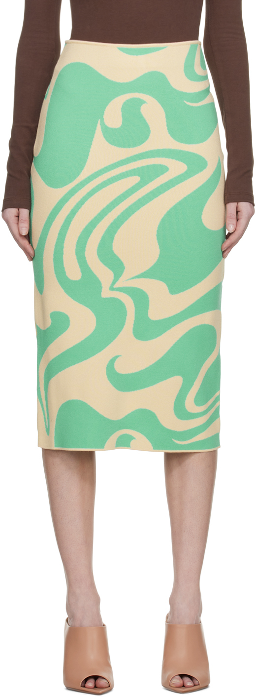 Green & Beige Sax Midi Skirt