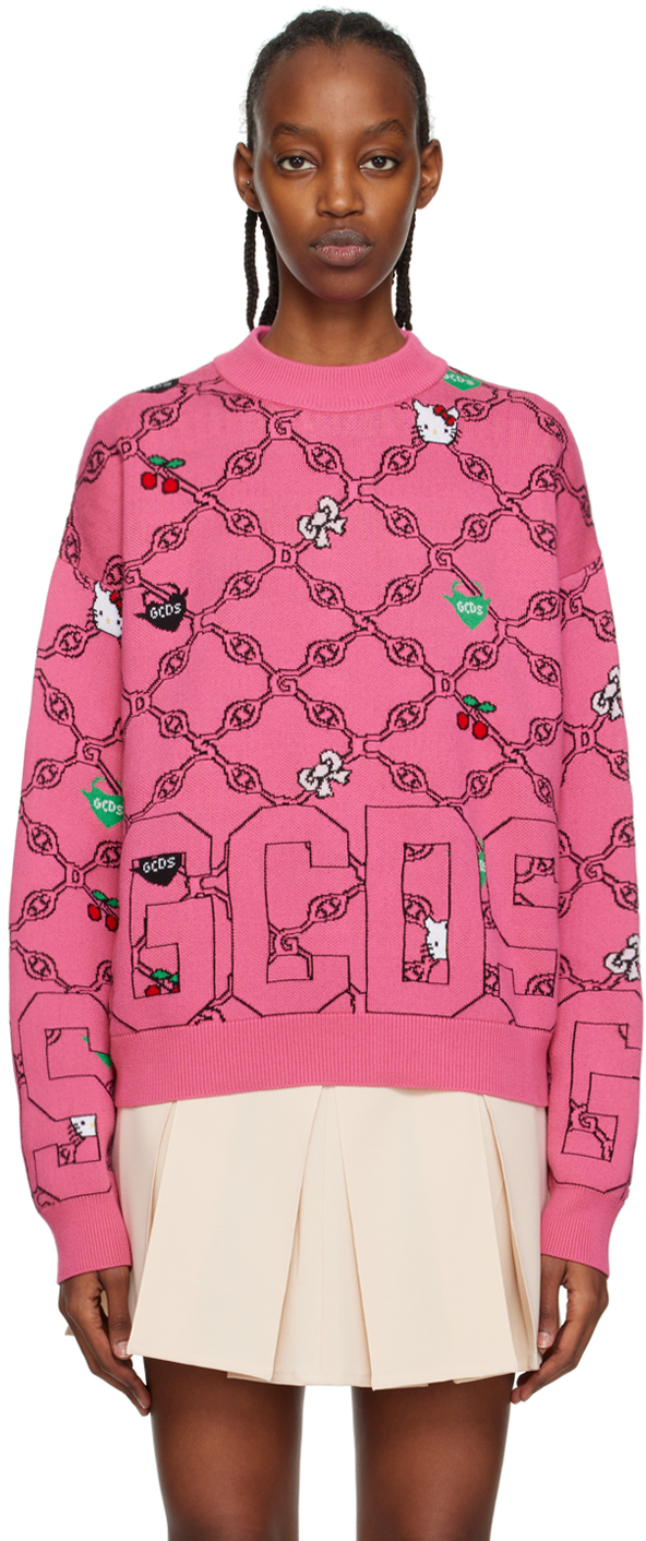 Gcds X Hello Kitty Patterned-intarsia-knit Sweatshirt In Fucsia 47