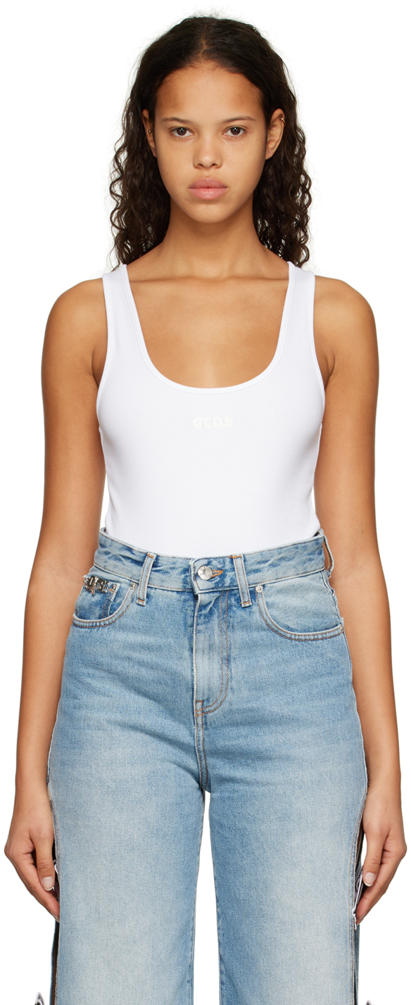 White Scoop Neck Bodysuit by GCDS on Sale