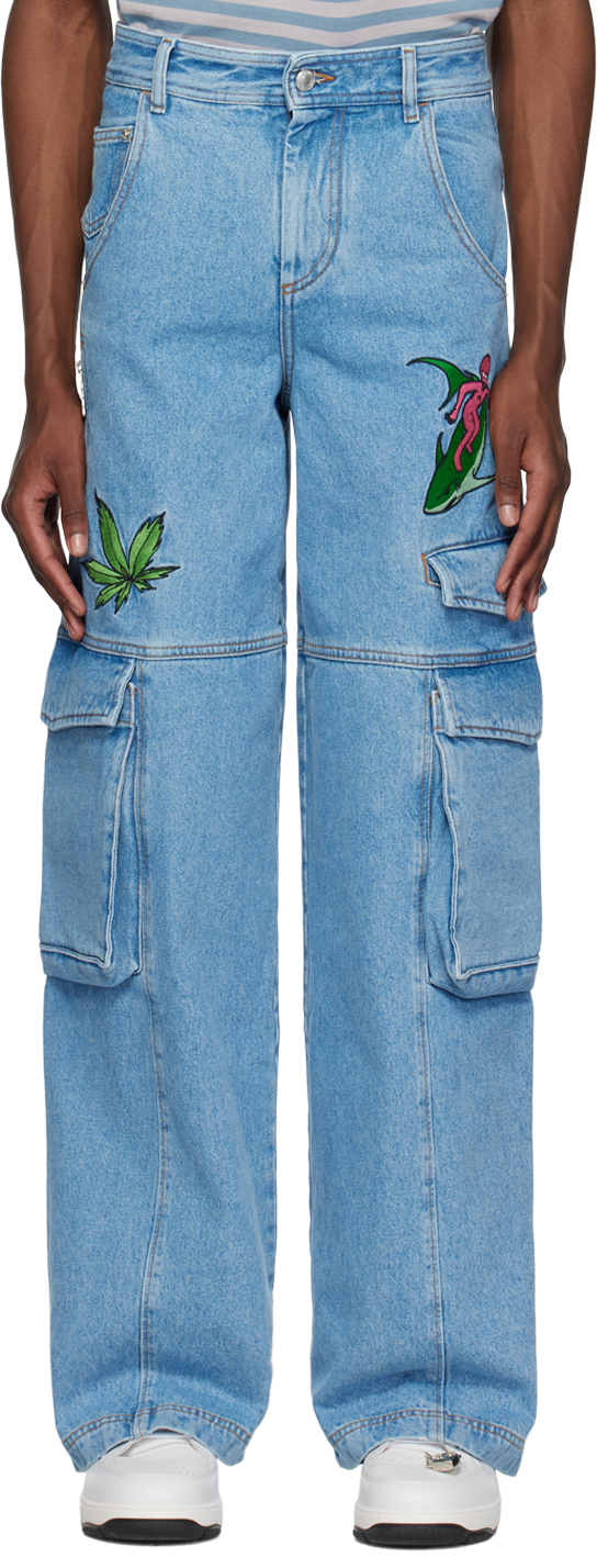 Gcds Blue Embroidered Denim Cargo Trousers In New Light Blue