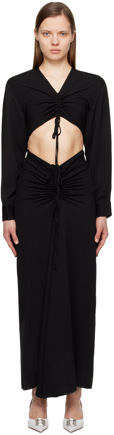 navy satin maxi dress Delphina Navy Satin Maxi Dress With Gathered And Knot-Detail – Club L  London main image 1