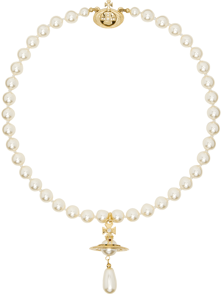 Vivienne Westwood White & Gold One Row Pearl Drop Choker