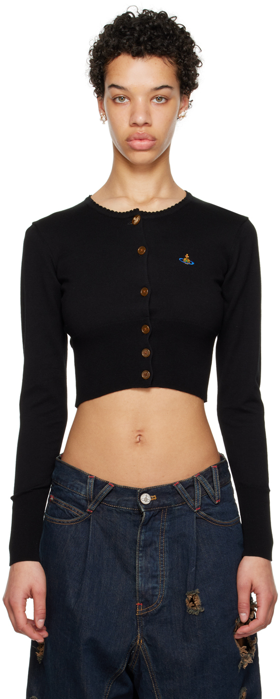Vivienne Westwood Bea Black Cropped Cardigan With Round Neck And Front Orb Embroidery In Cotton Woman In N401 Black