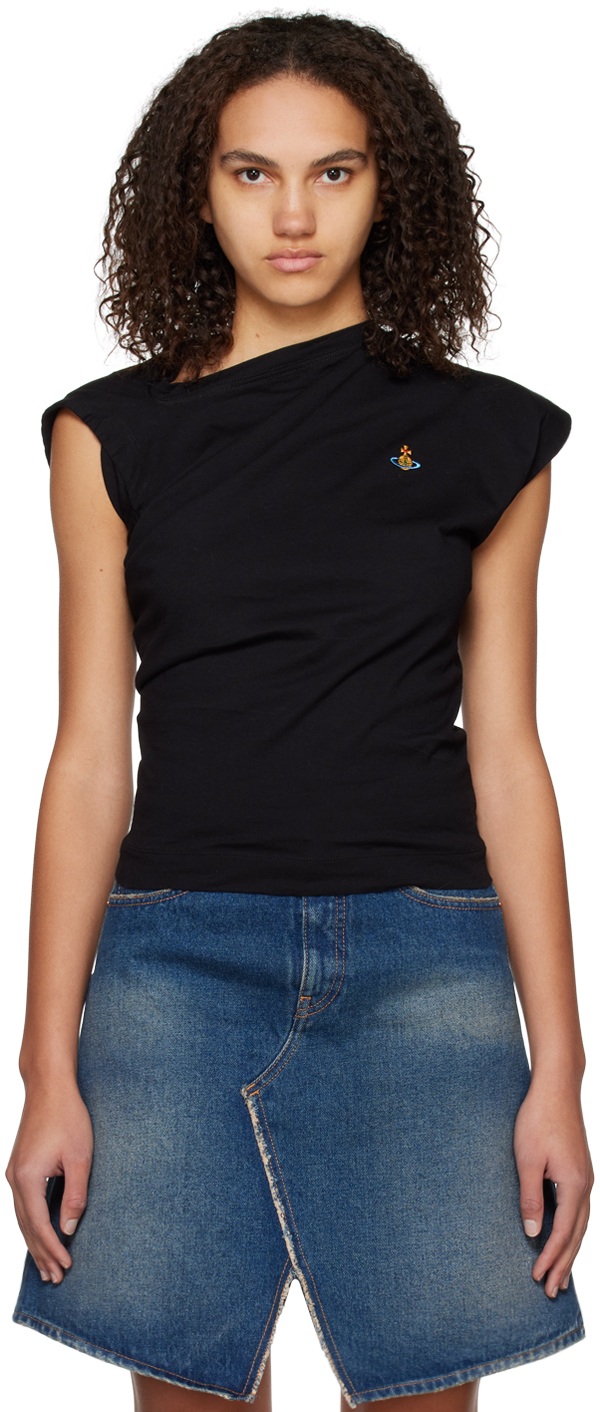 Vivienne Westwood 'hebo' Black T-shirt With Asymmetric Ruched Short Sleeves And Orb Logo On The Front In N401 Black