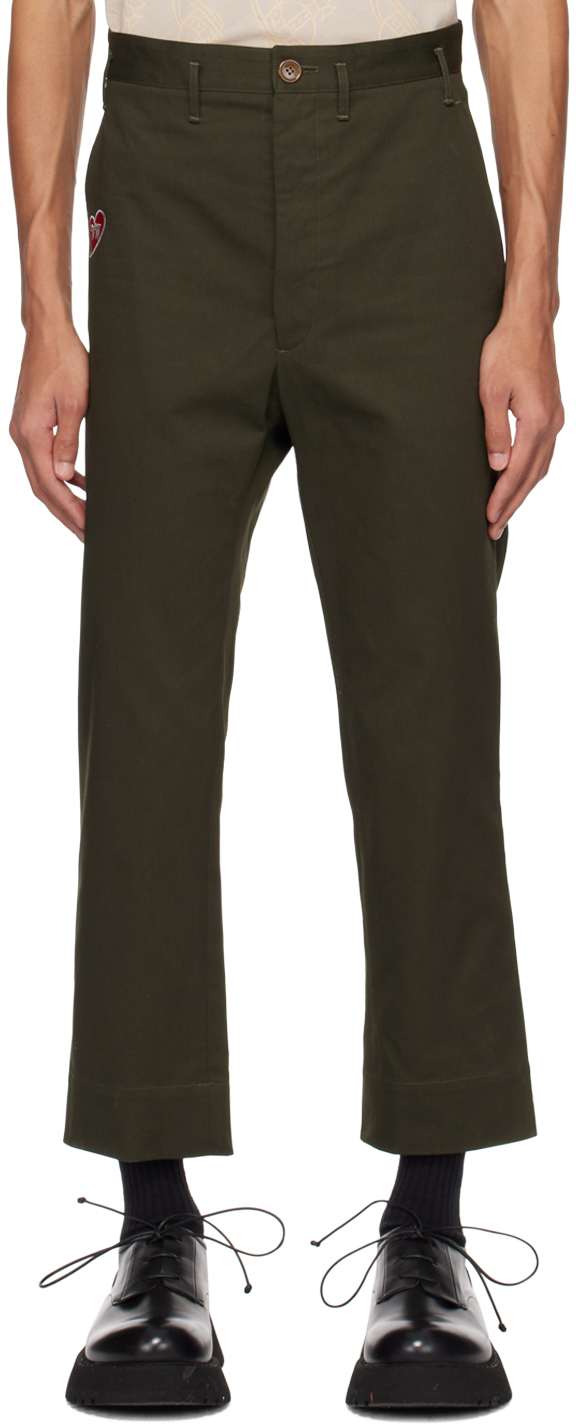 Vivienne Westwood Embroidered Heart-motif Cropped Trousers In M402 Military Green