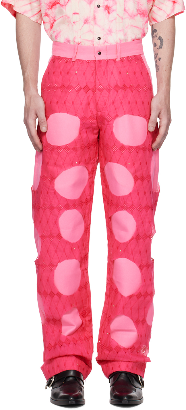 Tokyo James Pink Lace Cutout Trousers In Hot Pink
