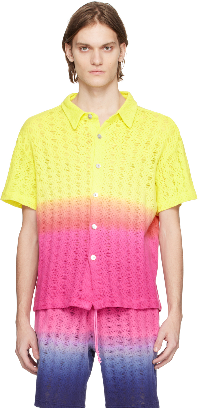 Agr Degradé Cotton Lace Short Sleeve Shirt In Yellow,pink