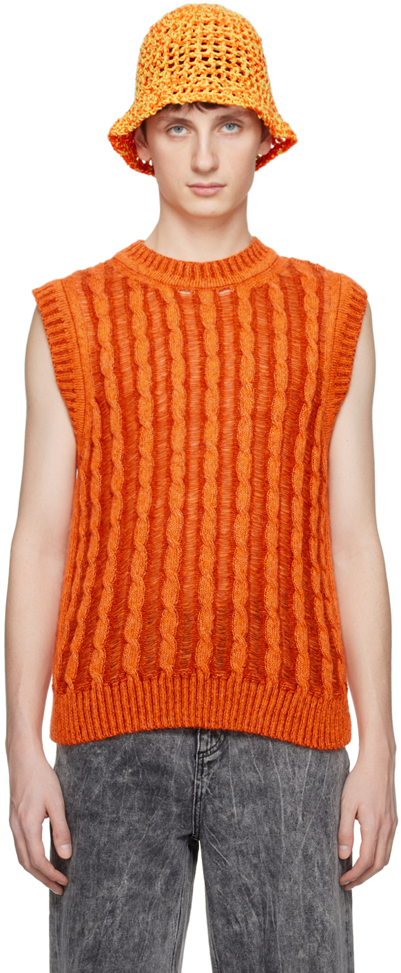 Agr Mohair Blend Cable Knit Vest In Orange