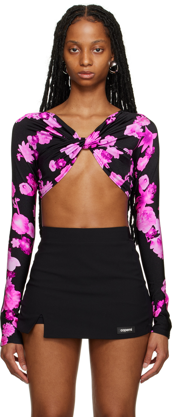 Coperni Sleeved Floral Knot Top In Pink/black