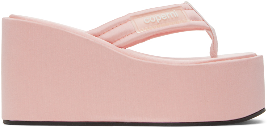 Coperni 105mm Branded Satin Wedge Thong Sandals In Pink