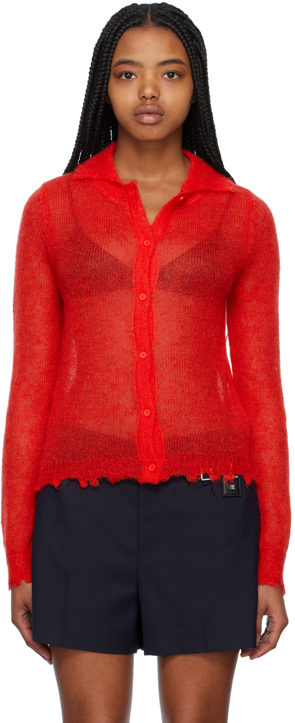 We11 Done Destroyed Mohair Knit Cardigan In Red