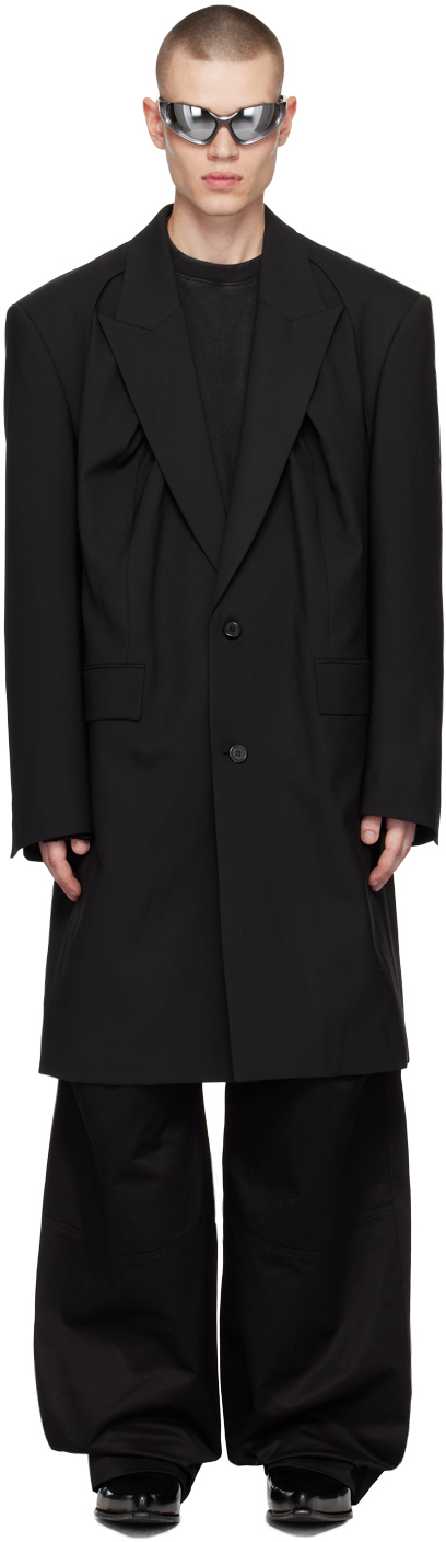 Black Shirring Single-Breasted Coat